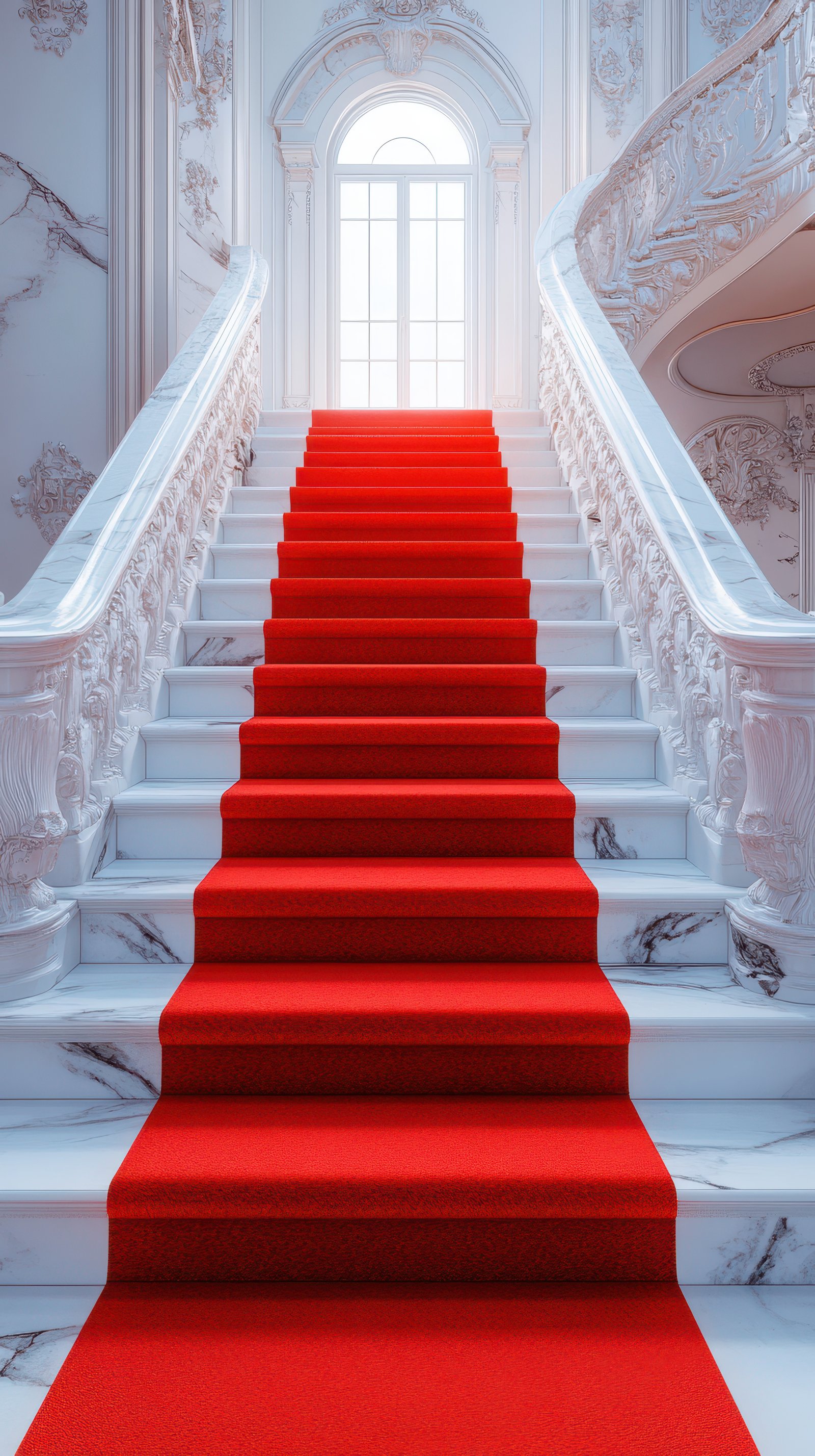 Elegant stairway adorned with a vibrant red carpet in a grand hall featuring ornate white details